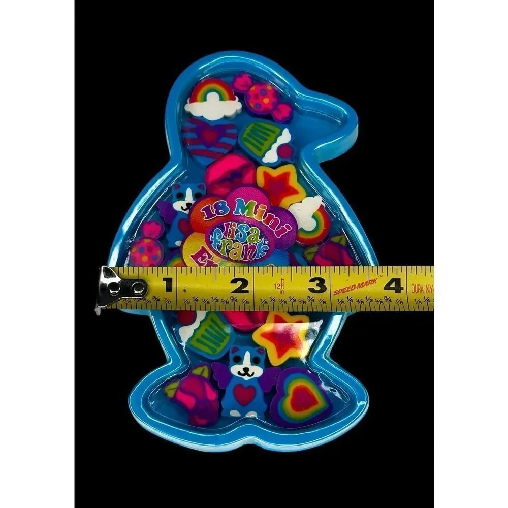 New Vintage Y2K Lisa Frank 18 Mini Erasers Blue Penguin Case Unused